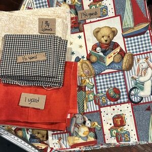 Vintage Teddy Bear Toy Fabric Bundle 5 Yards Red Plaid Nursery Cotton Quilting